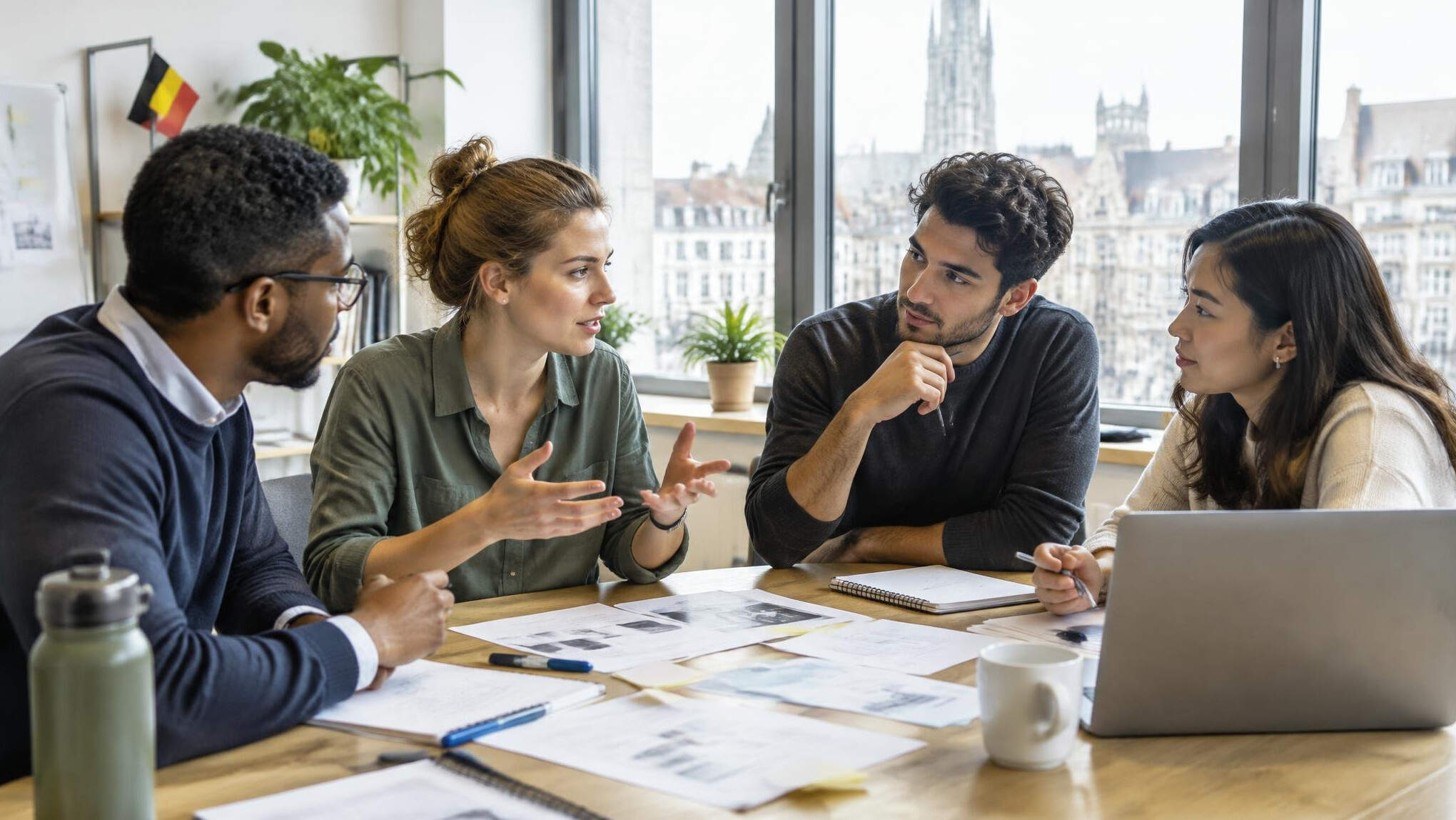 Small team gathered around a table reviewing printed strategy notes