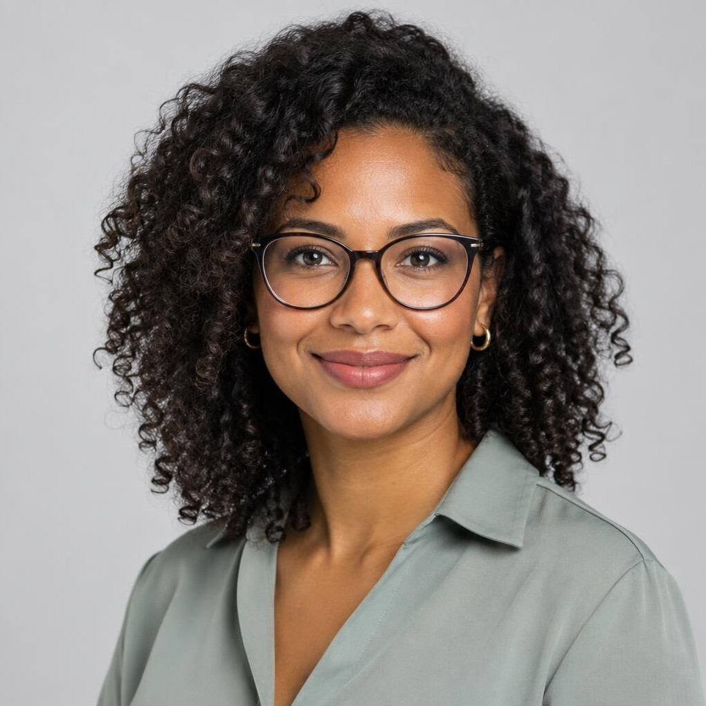 Studio portrait of a woman with curly hair wearing glasses