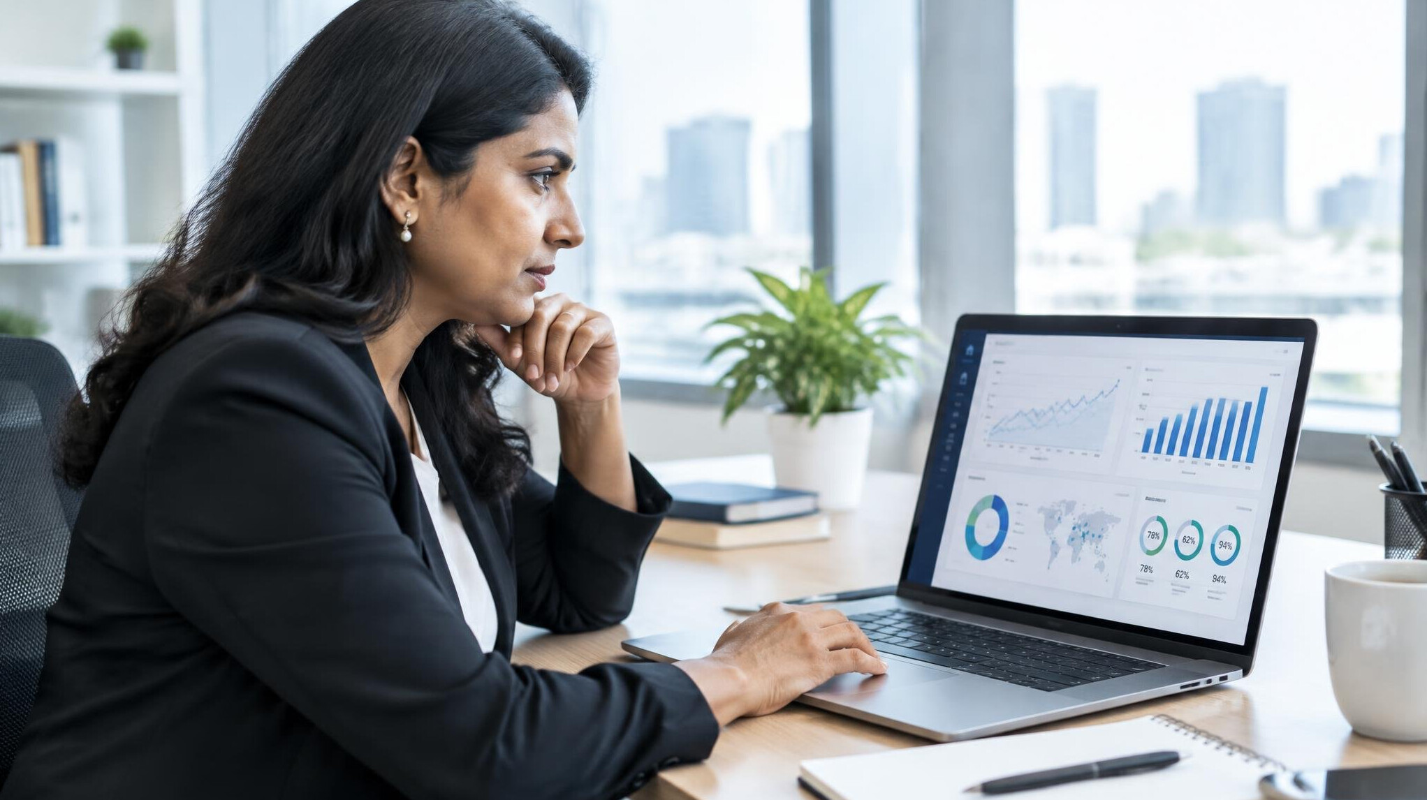 Manager analyzing performance indicators on a laptop screen