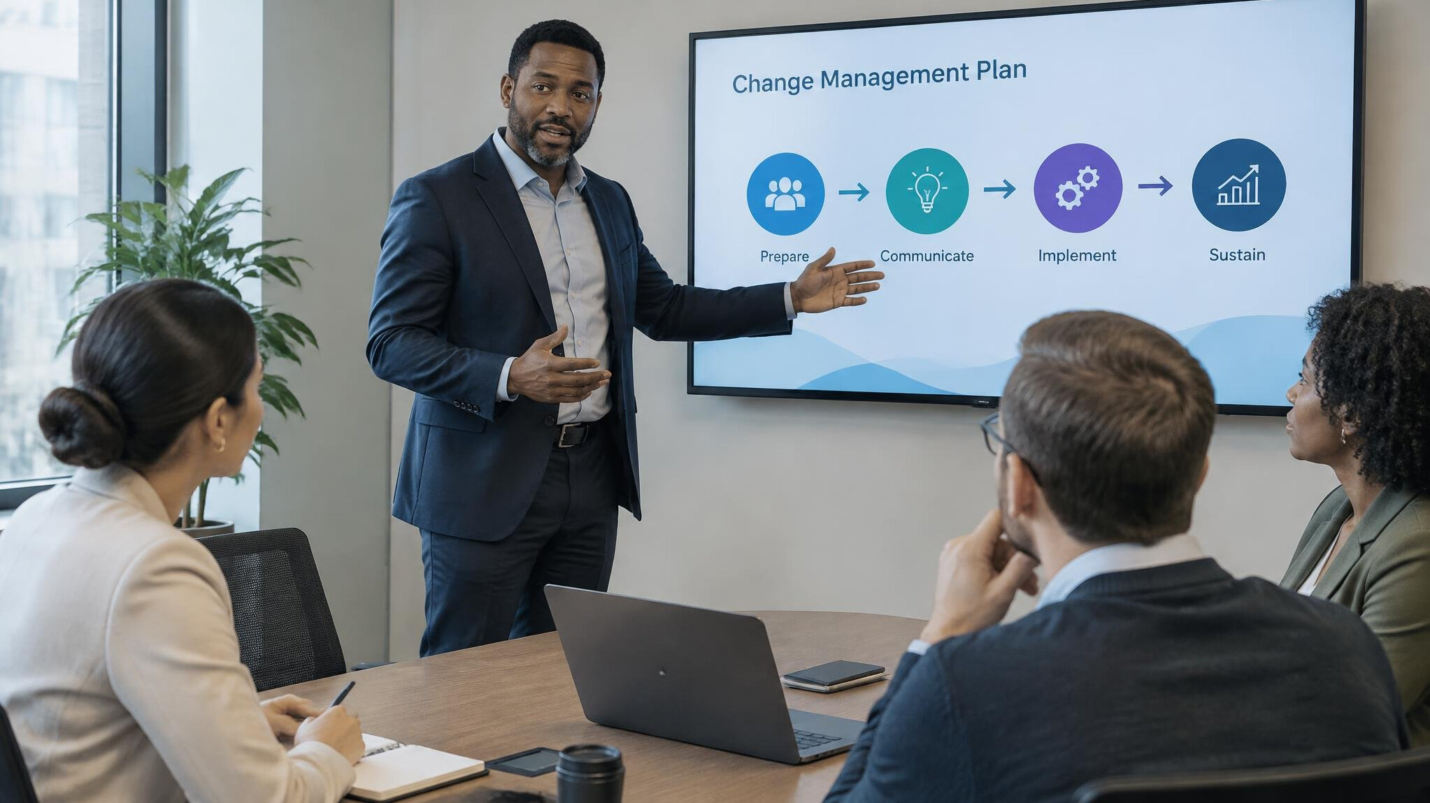 Manager presenting a change plan to a small team