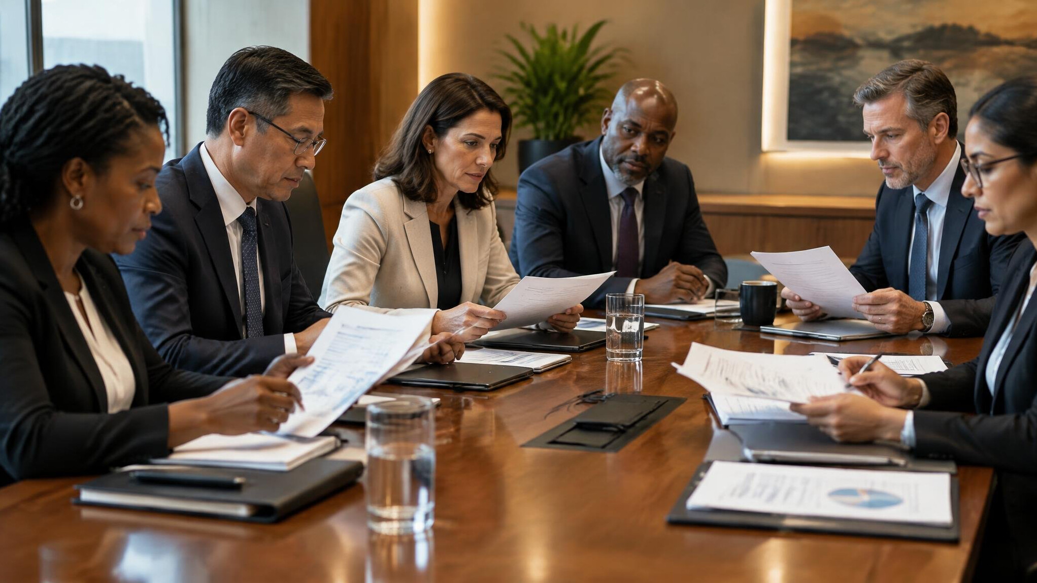 Executives reviewing governance documents at a boardroom table