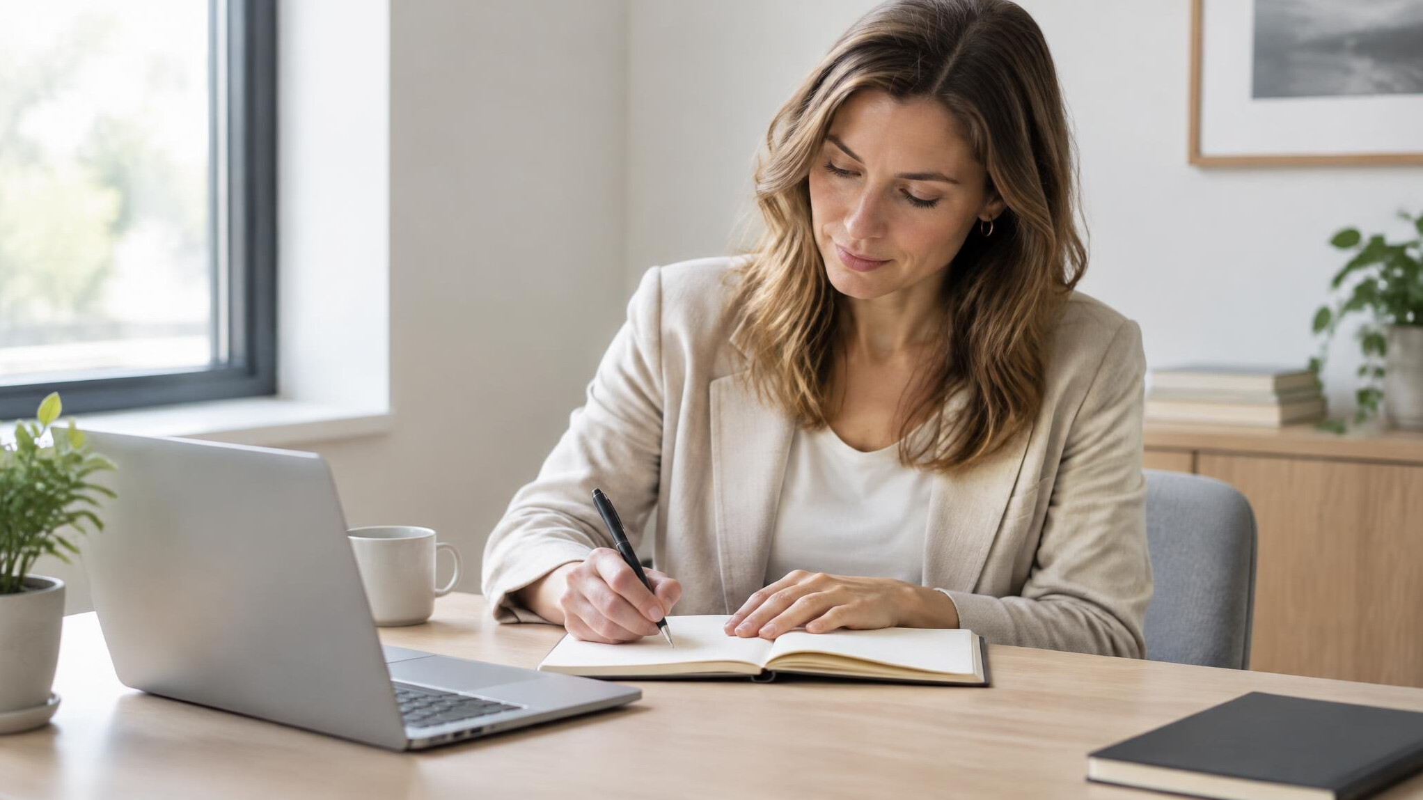 Person writing notes at a desk with a laptop and notebook