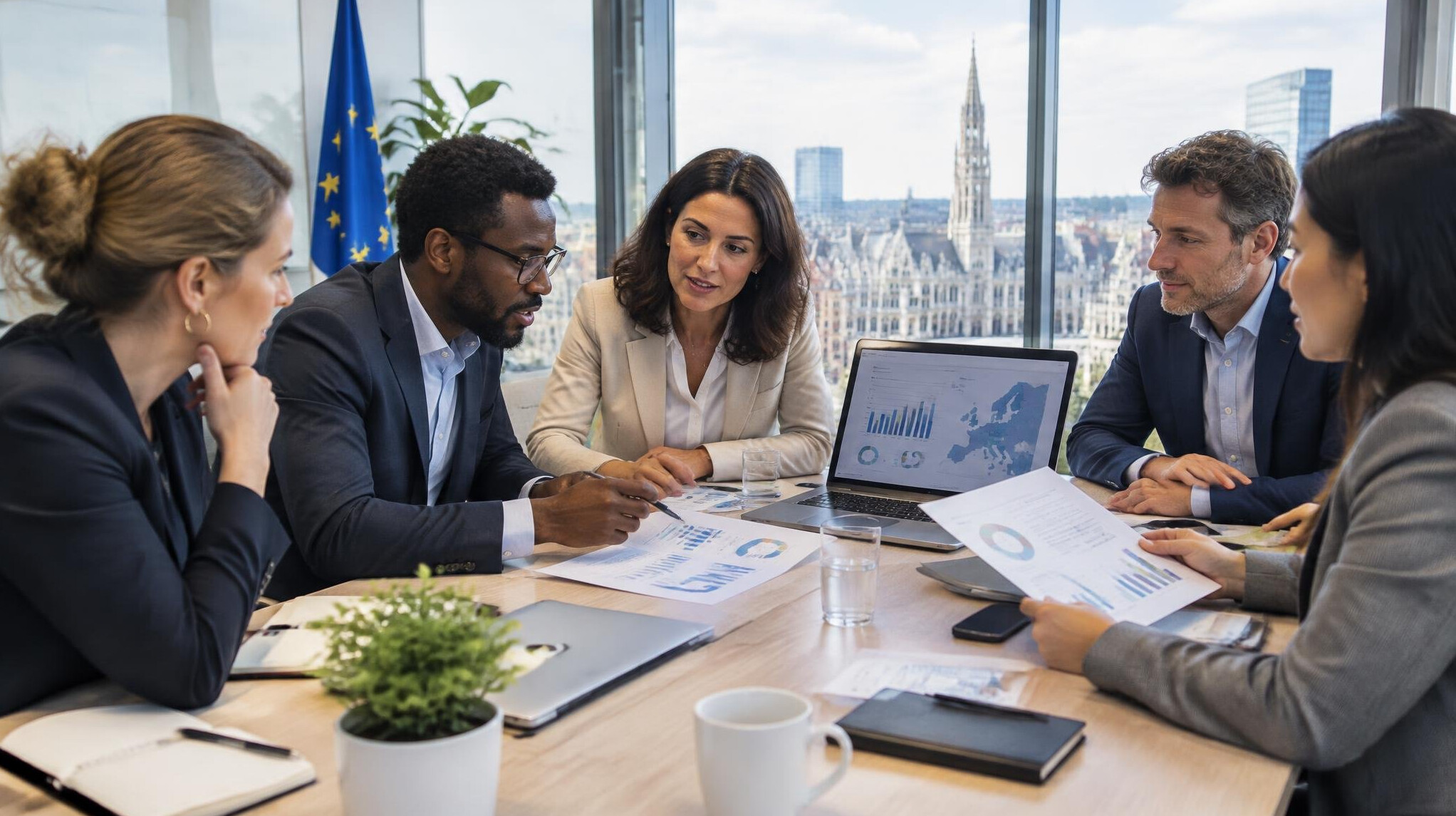 Business team discussing strategy around a table in a Brussels office