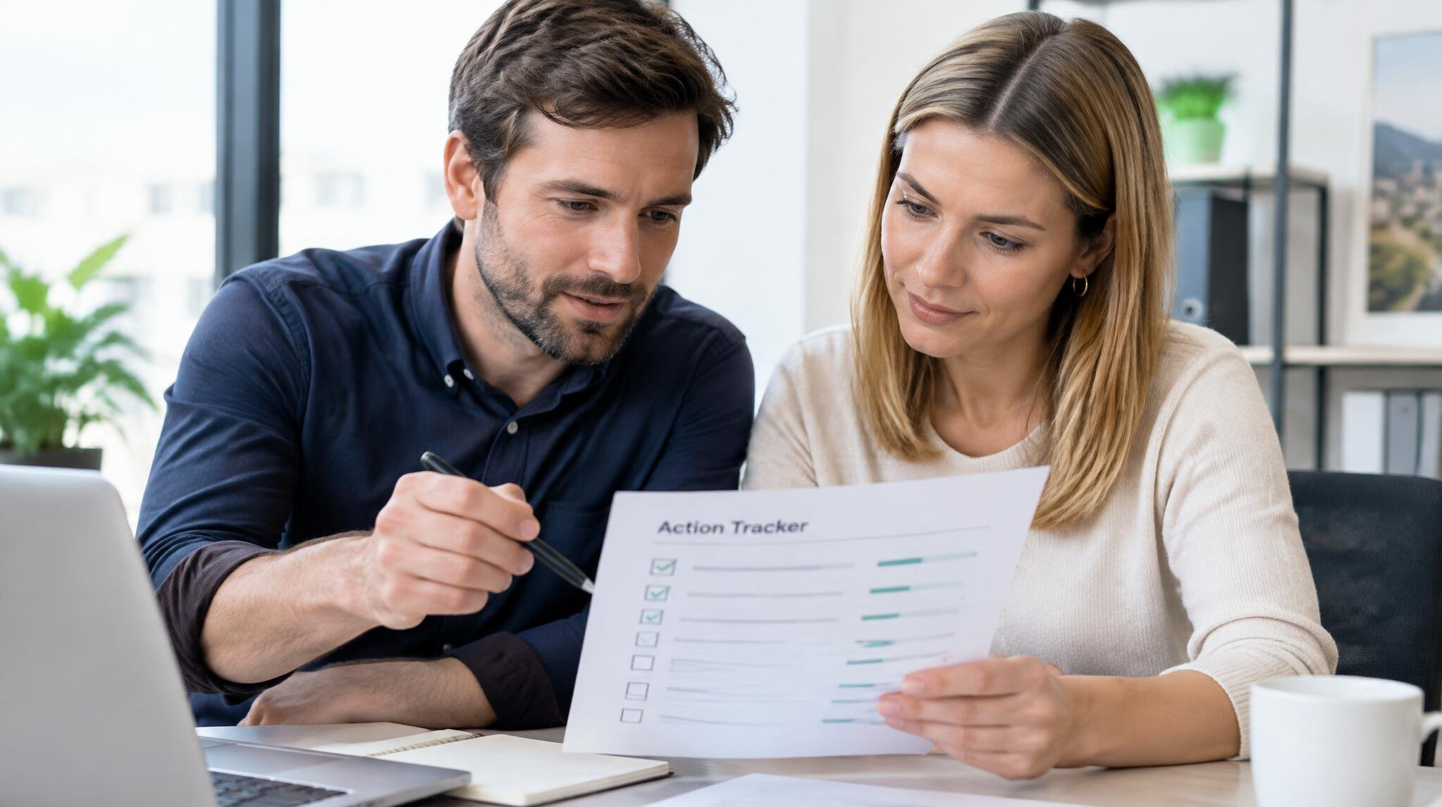 Two colleagues reviewing an action tracker together